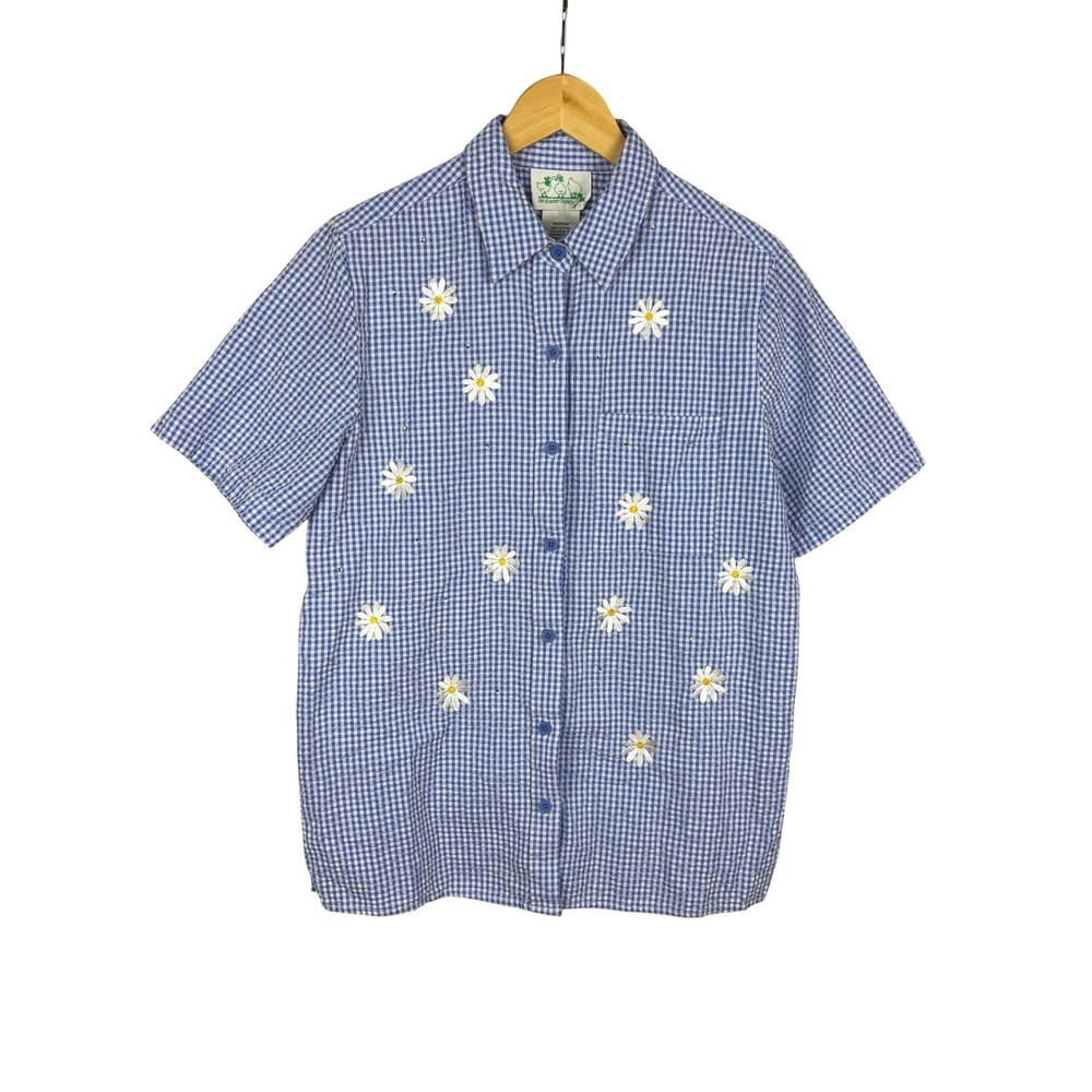 NWOT Quacker Factory Women Gingham Daisy Embroidered ButtonUp Shirt Sz M Cottage
